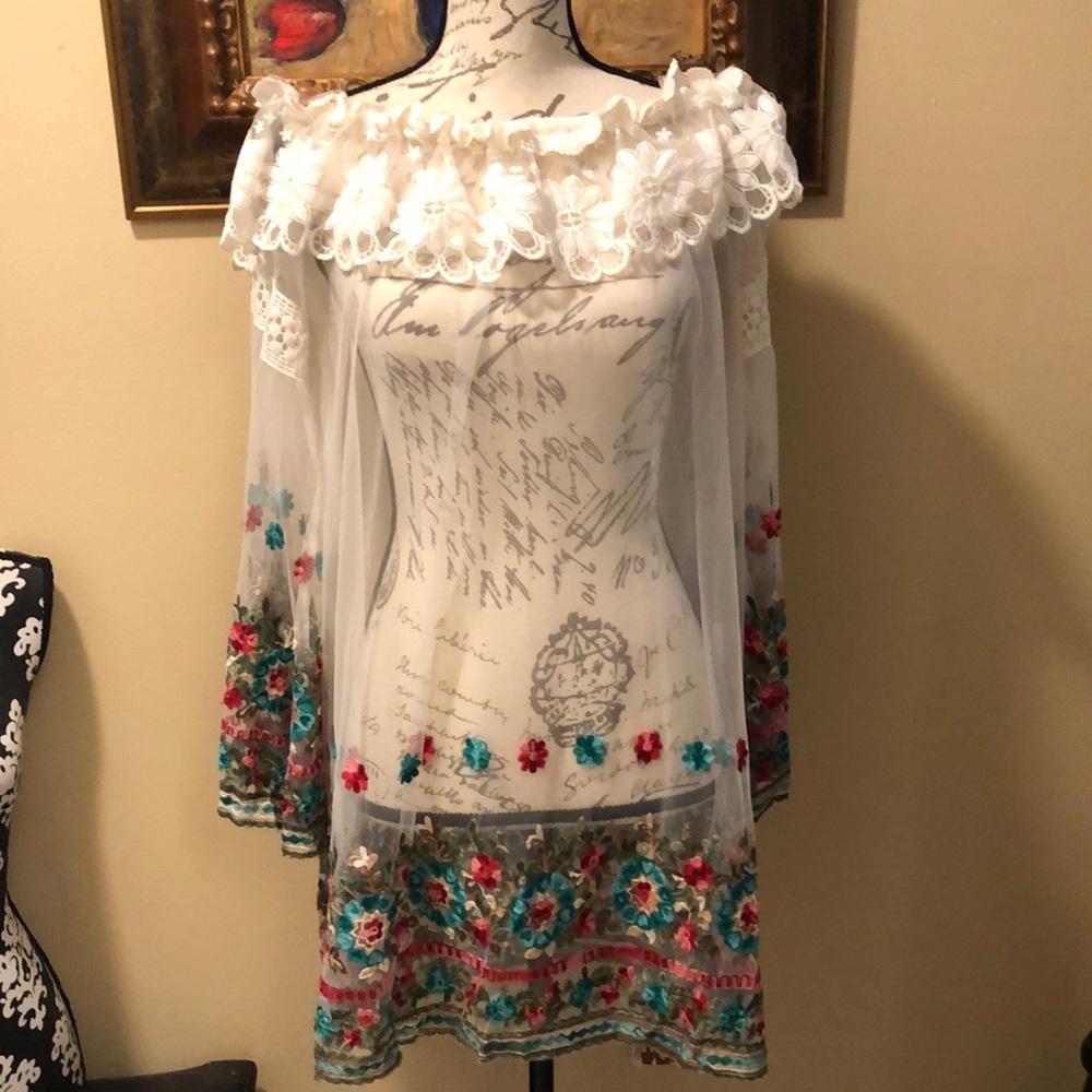 Monaco stunning embroidered, lace on mesh bell sleeve bohemian feminine coverup
